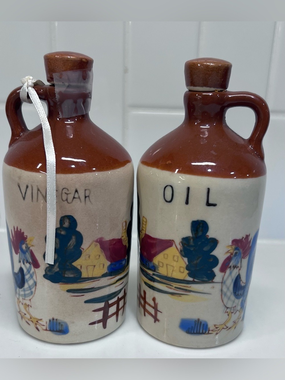 Vintage Relco Blue Roosters On The Farm Oil & Vinegar Cruet Set Brown Jug